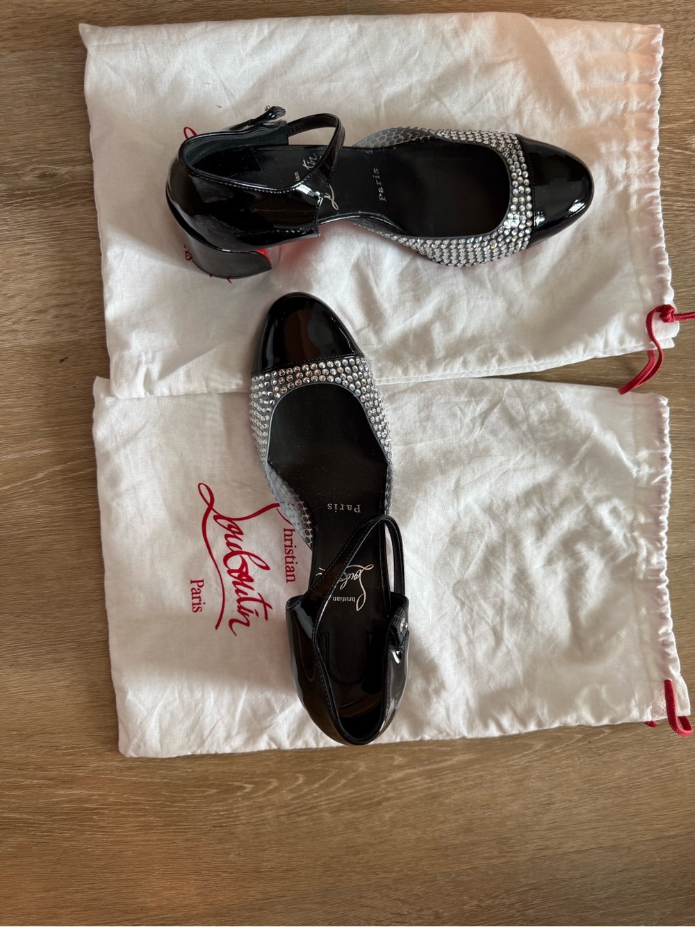 Christian Louboutin Black Patent Crystal-Trim Slingback Heels - Picture 2 of 7